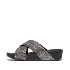 Sandały damskie FitFlop Lulu Cross Slide - Glitterball. Szare sandały FIT FLOP, bez wzorów, z materiału, eleganckie, bez obcasa, bez zapięcia. Za 489.50 zł.