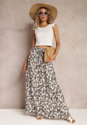 Czarno-Różowa Bawełniana Spódnica Maxi z Troczkiem i Printem w Kwiaty Yibji. Czarne spódnice Renee, l, bez wzorów, z bawełny, boho, maxi, rozkloszowane. W wyprzedaży za 63.99 zł.