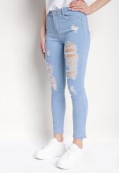 Niebieskie Skinny Jeansy z Wysokim Stanem i Dziurami Lainera. Niebieskie jeansy Born2be, l, bez wzorów, z jeansu, eleganckie, z podwyższonym stanem. Za 89.99 zł.