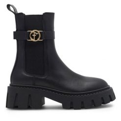 Botki Eva Minge. Czarne botki Eva Minge, bez wzorów, bez obcasa, na słupku, bez zapięcia. Za 479.00 zł.