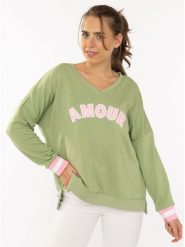 Zwillingsherz Sweter "Amour" w kolorze zielono-jasnoróżowym rozmiar: L/XL. Różowe swetry Zwillingsherz, l, bez wzorów, bez ramiączek. Za 184.02 zł.