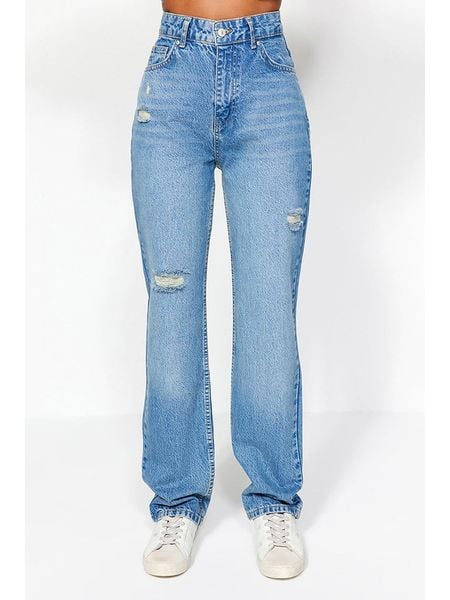 Trendyol Dżinsy - Comfort fit - w kolorze błękitnym rozmiar: 42. Niebieskie jeansy Trendyol, bez wzorów, z bawełny, klasyczne, z podwyższonym stanem. Za 91.99 zł.