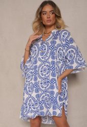 Niebieska Sukienka z Bawełny o Rozkloszowanym Kroju Ozdobiona Guzikami Janivra. Niebieskie sukienki Renee, m, bez wzorów, z bawełny, eleganckie, bez kołnierzyka, bez ramiączek, mini, kopertowe. W wyprzedaży za 43.99 zł.