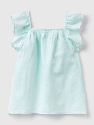 Benetton Lniany top w kolorze turkusowym rozmiar: 160. Niebieskie topy Benetton, bez wzorów, ze lnu, bez kołnierzyka, bez ramiączek. Za 52.79 zł.