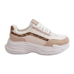 Sneakersy Buty Sportowe Damskie Na Grubej Podeszwie Beżowe Lerila beżowy. Brązowe buty treningowe bez wzorów, ze skóry, bez zapięcia. Za 125.58 zł.