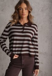 Brązowy Pasiasty Sweter z Kołnierzem i Guzikami Marlea. Brązowe swetry Renee, m, bez wzorów, z jeansu, casualowe, bez ramiączek. Za 109.99 zł.