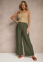 Ciemnozielone Spodnie Typu Palazzo High Waist o Szerokim Kroju Arathira. Zielone jeansy Renee, bez wzorów, z jeansu, eleganckie, z podwyższonym stanem. W wyprzedaży za 29.99 zł.