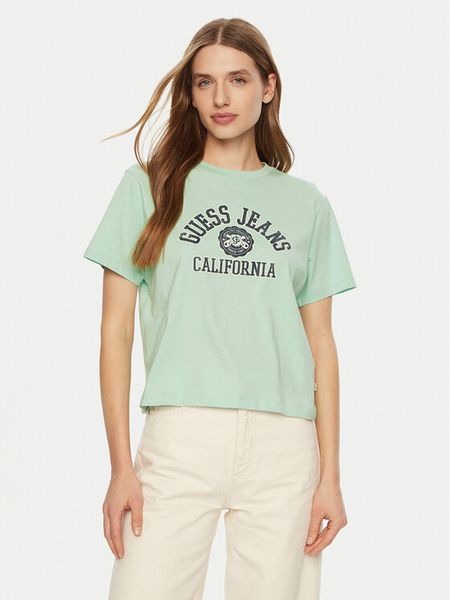 Guess Jeans T-Shirt W5RI43 K8HM0 Zielony Regular Fit. Zielone t-shirty Guess Jeans, l, z aplikacjami, z bawełny, bez kołnierzyka, bez ramiączek. Za 79.99 zł.
