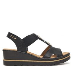 Sandały Rieker. Czarne sandały Rieker, bez wzorów, bez obcasa, na koturnie, bez zapięcia. Za 319.99 zł.