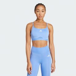 Biustonosz Aeroreact Training 3-Stripes. Niebieskie biustonosze sportowe adidas, bez wzorów, z materiału, na fitness i siłownię. Za 149.00 zł.