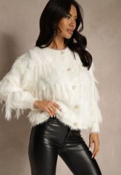 Jasnobeżowy Kardigan z Dzianiny z Wełną Imitującą Pióra z Perłowymi Guzikami Meviatta. Brązowe swetry Renee, bez wzorów, z dzianiny, glamour, bez ramiączek. Za 79.99 zł.