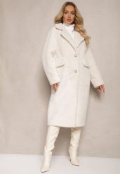 Biały Płaszcz z Futra z Zapięciem na Guziki i Wsuwanymi Kieszeniami Paritha. Białe płaszcze Renee, m, bez wzorów, eleganckie, bez kaptura. Za 309.99 zł.