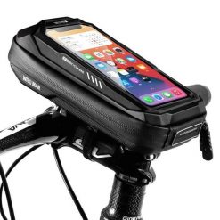 Torba na kierownicę rowerową z dotykowym uchwytem na telefon WILD MAN. Czarne torby sportowe WILDMAN, z aplikacjami, z materiału, małe. Za 129.92 zł.