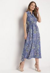 Niebiesko-Fioletowa Rozkloszowana Sukienka w Kwiaty bez Rękawów Syloria. Niebieskie sukienki Born2be, l, bez wzorów, eleganckie, bez kołnierzyka, bez ramiączek, maxi, rozkloszowane. Za 89.99 zł.