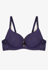 Granatowy Biustonosz z Efektem Push Up i Ozdobną Koronką Emithria. Niebieskie biustonosze Renee, bez wzorów, z koronki. W wyprzedaży za 27.99 zł.