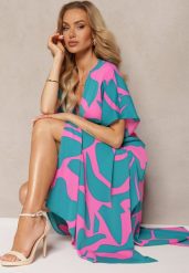 Niebiesko-Różowa Rozkloszowana Sukienka z Gumką w Talii i Rozcięciami Fienda. Niebieskie sukienki Renee, na co dzień, l, bez wzorów, eleganckie, bez kołnierzyka, bez ramiączek, maxi, rozkloszowane. W wyprzedaży za 135.99 zł.