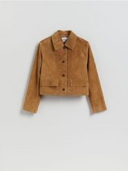 Skórzana marynarka - bursztynowy. Pomarańczowe marynarki i żakiety Reserved, l, bez wzorów, ze skóry, bez ramiączek. Za 559.99 zł.