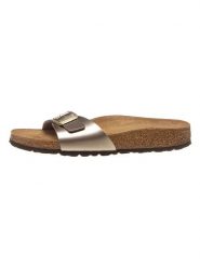 Birkenstock Klapki "Madrid" w kolorze złotym rozmiar: 39. Szare klapki Birkenstock, bez wzorów, klasyczne, z otwartym noskiem, bez obcasa, bez zapięcia. Za 235.50 zł.
