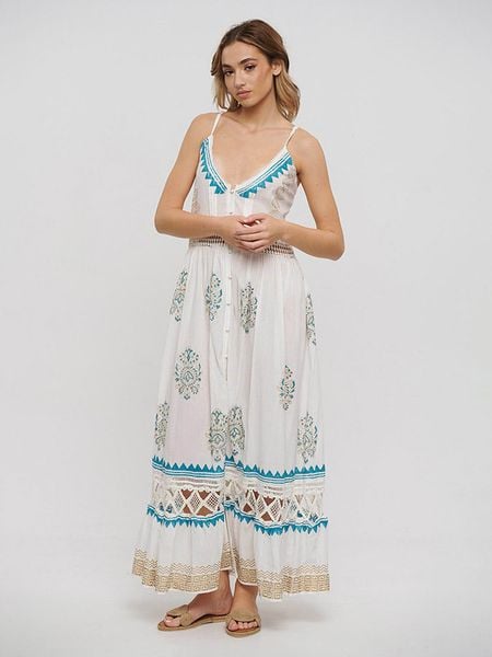 BLE Sukienka w kolorze biało-błękitnym rozmiar: onesize. Białe sukienki BLE, bez wzorów, z bawełny, bez kołnierzyka, bez ramiączek, maxi, rozkloszowane. Za 167.67 zł.