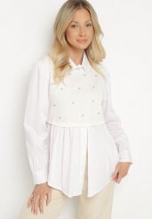 Jasnobeżowa Rozkloszowana Bluzka Koszulowa z Wiskozą z Wszytą Kamizelką z Cyrkoniami Uliaviela. Brązowe bluzki Born2be, bez wzorów, z jeansu, eleganckie, bez kołnierzyka, bez ramiączek. W wyprzedaży za 76.49 zł.