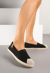 Czarne Espadryle z Elastyczną Wstawką Zdobione Plecionką Kinellis. Czarne espadryle Renee, z aplikacjami, eleganckie, bez obcasa. W wyprzedaży za 29.99 zł.