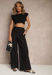 Czarne Bawełniane Haftowane Spodnie High Waist o Szerokim Kroju Milirelia. Czarne jeansy Renee, z aplikacjami, z bawełny, z podwyższonym stanem. W wyprzedaży za 99.99 zł.