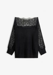 Letni sweter z dzianiny, z koronką. Czarne swetry bonprix, na lato, bez wzorów, z dzianiny, eleganckie, bez ramiączek. Za 37.99 zł.