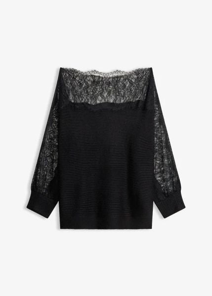 Letni sweter z dzianiny, z koronką. Czarne swetry bonprix, na lato, bez wzorów, z dzianiny, eleganckie, bez ramiączek. Za 37.99 zł.