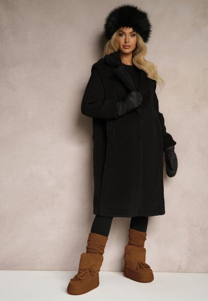 Czarny Płaszcz Futerko z Rękawami z Dzianiny Ravileth. Czarne płaszcze Renee, na jesień, l, bez wzorów, z dzianiny, eleganckie, bez kaptura. Za 279.99 zł.