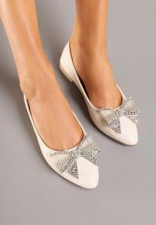 Beżowe Balerinki z Kokardą i Cyrkoniami Marintis. Brązowe baleriny Renee, bez wzorów, z jeansu, eleganckie, bez obcasa, bez zapięcia. Za 54.99 zł.