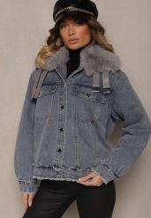 Niebieska Kurtka Jeansowa z Kołnierzem z Futrem i Sprzączkami Senalithra. Niebieskie kurtki Renee, l, bez wzorów, z bawełny, eleganckie, bez kaptura. W wyprzedaży za 146.99 zł.