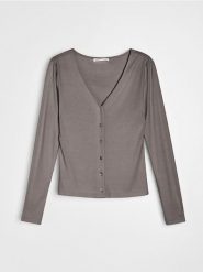 Prążkowana bluzka z wiskozy - brązowy. Brązowe bluzki Sinsay, l, bez wzorów, prążkowane, bez kołnierzyka, bez ramiączek. Za 35.99 zł.