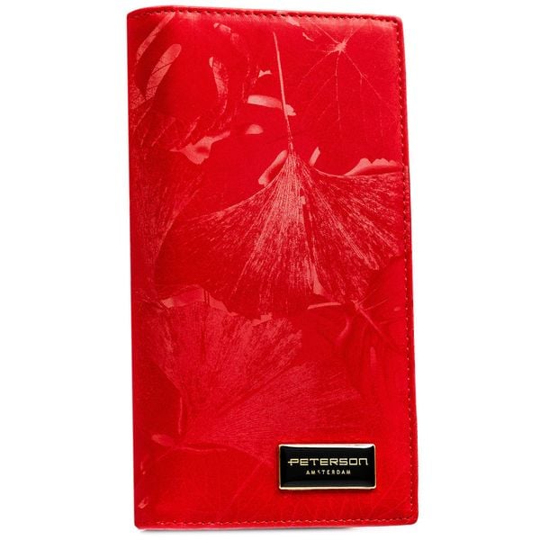 Duży, czerwony, pionowy portfel damski Peterson PTN PS1431-MLF. Czerwone portfele Peterson, z aplikacjami, ze skóry. Za 124.99 zł.