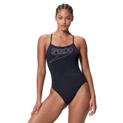 Strój kąpielowy damski Speedo End+ Logo Thin Strap. Czarne stroje jednoczęściowe Speedo, bez wzorów, z materiału, sportowe. Za 195.49 zł.