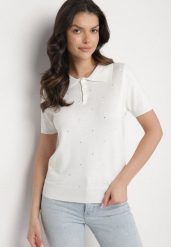 Biały T-shirt Polo Sweterkowe z Wiskozy Daliera. Białe t-shirty Born2be, uniwersalny, z aplikacjami, z jeansu, eleganckie, bez kołnierzyka, bez ramiączek. Za 129.99 zł.