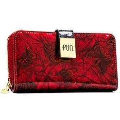 Lakierowany, duży portfel-piórnik damski ze skóry naturalnej w czerwonym kolorze - Peterson. Czerwone portfele Peterson, bez wzorów, z lakierowanej skóry. Za 139.99 zł.