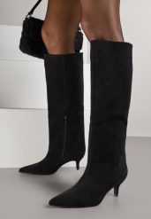 Czarne Kozaki na Kaczuszce z Elegancką Cholewką do Kolana Tesema. Czarne kozaki Renee, bez wzorów, z jeansu, eleganckie, bez obcasa, na obcasie, bez zapięcia. Za 189.99 zł.