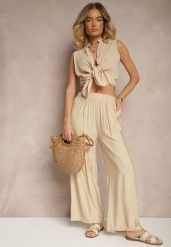 Beżowe Spodnie Palazzo o Szerokim Kroju High Waist Lislevia. Brązowe jeansy Renee, l, bez wzorów, z jeansu, eleganckie, z podwyższonym stanem. W wyprzedaży za 29.99 zł.