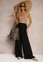 Czarne Szerokie Spodnie z Wiskozy High Waist z Gumką w Talii Timasha. Czarne jeansy Renee, na lato, bez wzorów, z jeansu, z podwyższonym stanem. W wyprzedaży za 91.99 zł.