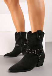 Czarne Botki na Stożkowym Obcasie w Stylu Kowbojek Bikery Ozdobione Klarmą Meriane. Czarne botki Born2be, bez wzorów, z jeansu, eleganckie, bez obcasa, na obcasie, bez zapięcia. W wyprzedaży za 119.99 zł.
