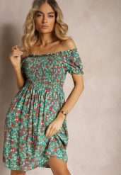 Zielona Hiszpanka Sukienka z Wiskozy w Kwiatowy Wzór z Gumką w Pasie Silemia. Zielone sukienki Renee, na co dzień, m, bez wzorów, z wiskozy, eleganckie, bez kołnierzyka, bez ramiączek, mini, proste. W wyprzedaży za 39.99 zł.