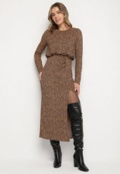 Panterkowa Sukienka z Gumką w Pasie i Ołówkowym Dołem z Rozcięciem Zenita. Sukienki Born2be, na co dzień, l, bez wzorów, z jeansu, eleganckie, bez kołnierzyka, bez ramiączek, maxi, dopasowane. Za 159.99 zł.