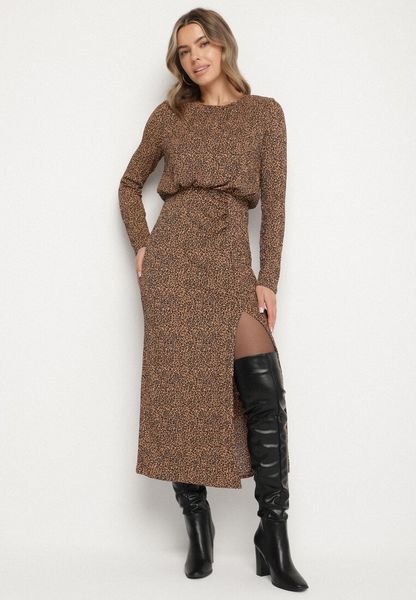 Panterkowa Sukienka z Gumką w Pasie i Ołówkowym Dołem z Rozcięciem Zenita. Sukienki Born2be, na co dzień, l, bez wzorów, z jeansu, eleganckie, bez kołnierzyka, bez ramiączek, maxi, dopasowane. Za 159.99 zł.