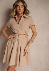 Ciemnobeżowa Sukienka Koszulowa z Cienkim Paskiem w Talii Weolessa. Brązowe sukienki Renee, na co dzień, l, bez wzorów, z jeansu, eleganckie, bez kołnierzyka, bez ramiączek, mini, koszulowe. W wyprzedaży za 91.99 zł.