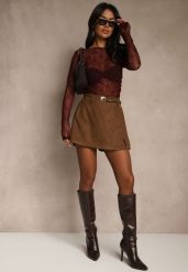Brązowe Spódnico-Szorty High Waist z Ozdobnym Paskiem Korelea. Brązowe szorty Renee, bez wzorów, klasyczne. Za 109.99 zł.