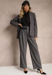 Szare Szerokie Spodnie Garniturowe z Wiskozą High Waist Ozdobione Paskiem Elowanda. Szare jeansy Renee, bez wzorów, z jeansu, eleganckie, z podwyższonym stanem. W wyprzedaży za 91.99 zł.