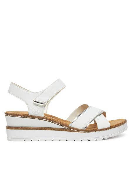 Rieker Sandały V38G9-80 Biały. Białe sandały Rieker, bez wzorów, z syntetyku, bez obcasa, na koturnie, bez zapięcia. Za 289.99 zł.