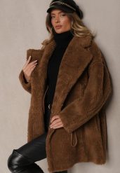 Brązowa Kurtka Futerko w Stylu Teddy Ściągane w Talii Enarithiel. Brązowe kurtki Renee, l, bez wzorów, z futra, biznesowe, bez kaptura. W wyprzedaży za 216.99 zł.