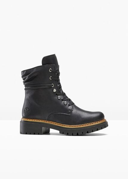 Kozaki sznurowane Rieker. Czarne kozaki bonprix, bez wzorów, bez obcasa, bez zapięcia. Za 329.99 zł.