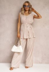 Beżowy Plisowany 2-Częściowy Komplet Bluzka z Materiałowym Paskiem oraz Szerokie Długie Spodnie Lasion. Brązowe bluzki Renee, m, bez wzorów, z elastanu, eleganckie, bez kołnierzyka, bez ramiączek. W wyprzedaży za 107.99 zł.